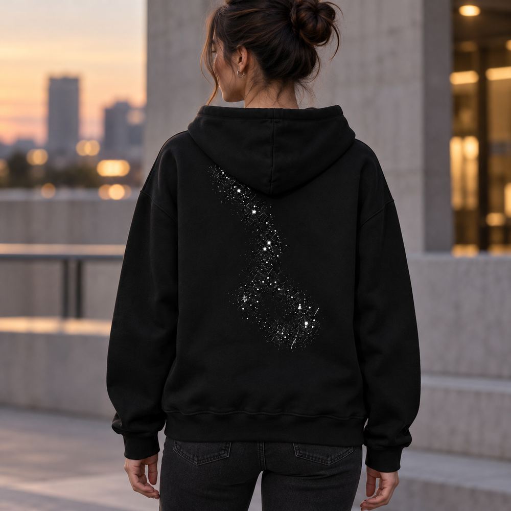 AI-generated styling visualisation — black hoodie galaxy back