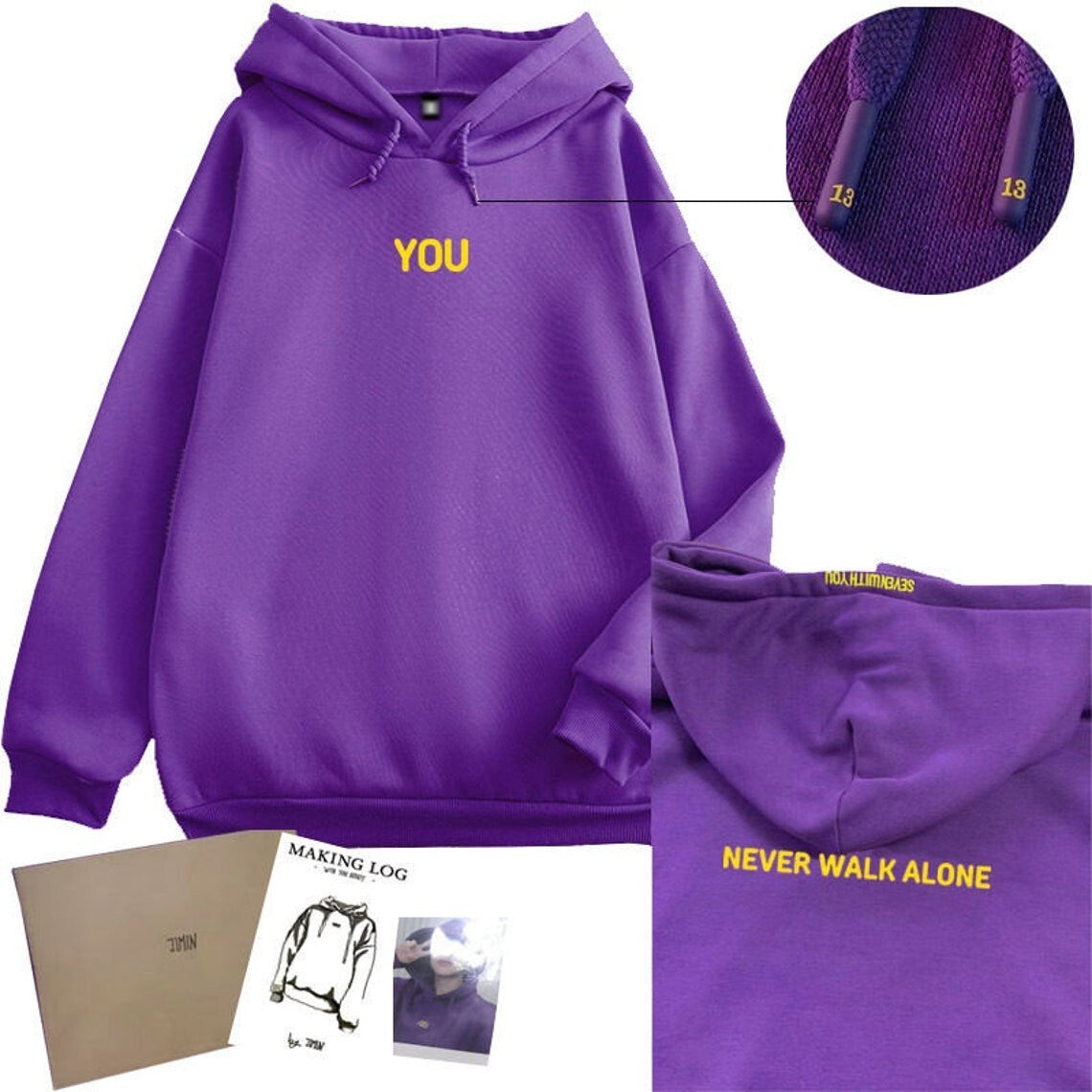 Purple Seven With You hoodie set showing YOU front, NEVER WALK ALONE back, photocard and printed design log