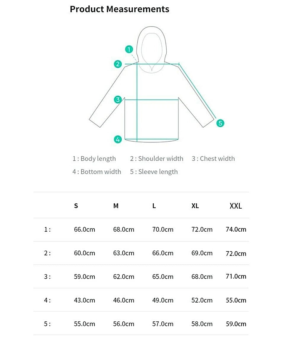 Seven With You hoodie garment measurements in centimeters for S, M, L, XL and XXL