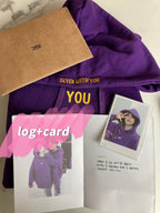 Purple Seven With You hoodie with accompanying photocard and printed design log