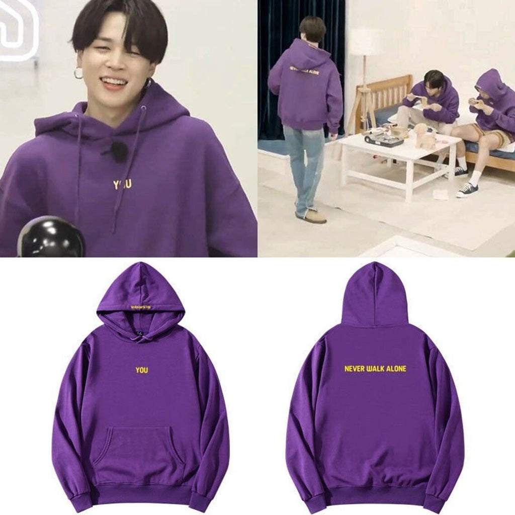Purple Seven With You hoodie front and back with fan styling reference