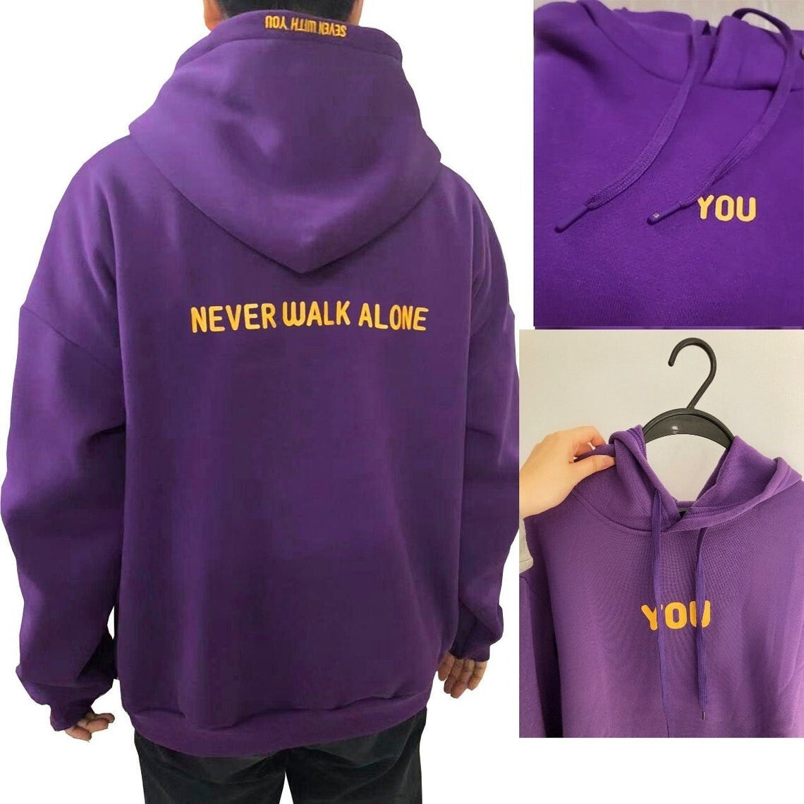 Never Walk Alone back design and close-up of the purple hoodie front