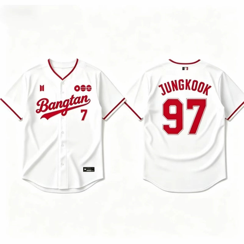 K-POP White & Red Baseball Jersey, Fan-Inspired Concert Shirt