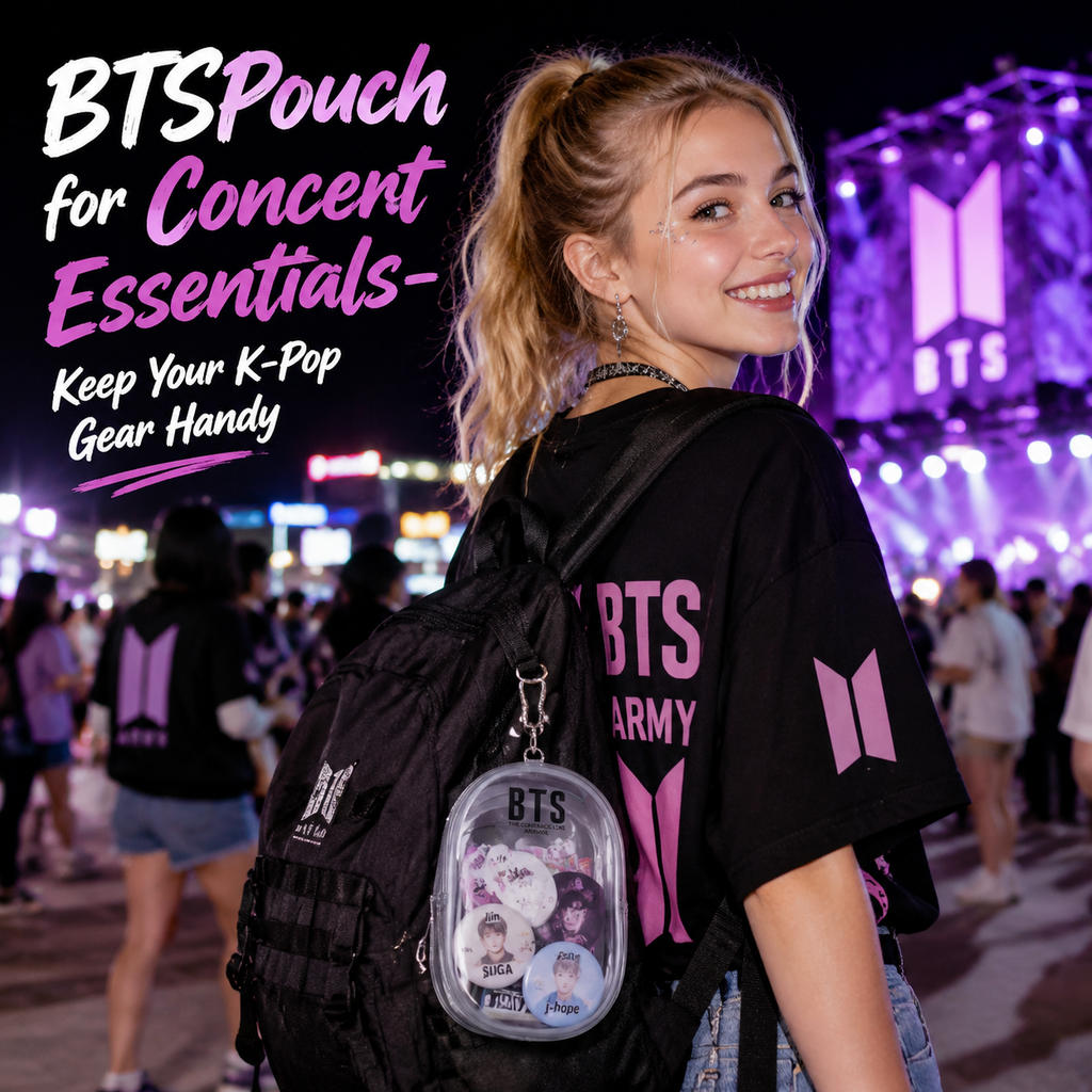 BTS Inspired ARIRANG Member Vinyl Clear Storage Pouch styled as a portable hanging accessory