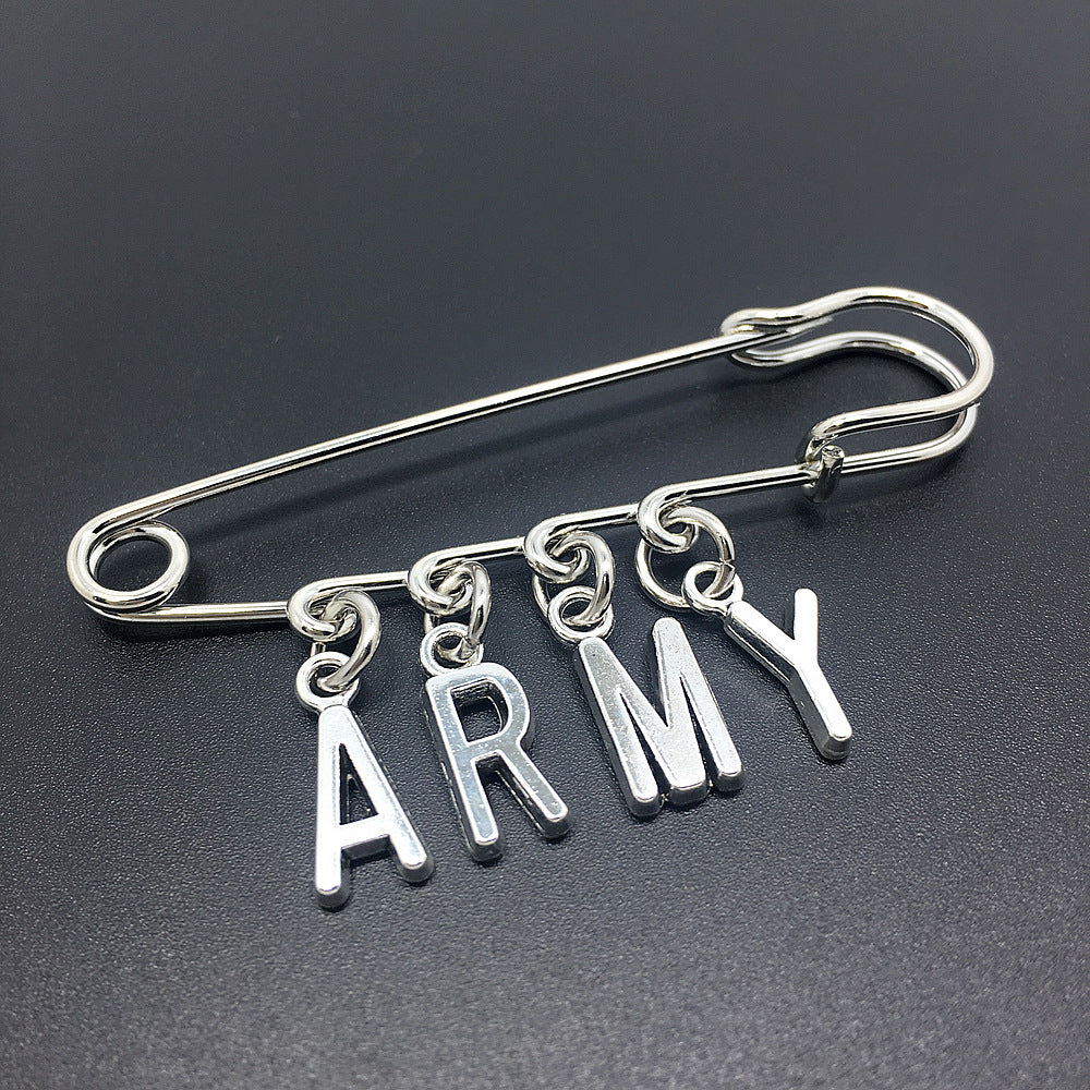 ARMY letter charm silver-tone safety pin brooch