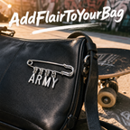 ARMY letter charm safety pin on a black bag