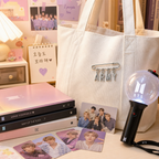 ARMY letter charm pin decorating a canvas tote bag