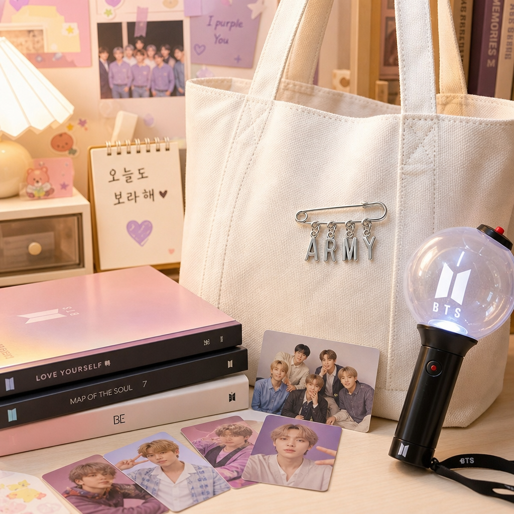 ARMY letter charm pin decorating a canvas tote bag