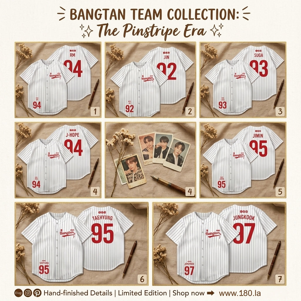 BTS seven member white pinstripe baseball jersey style collection