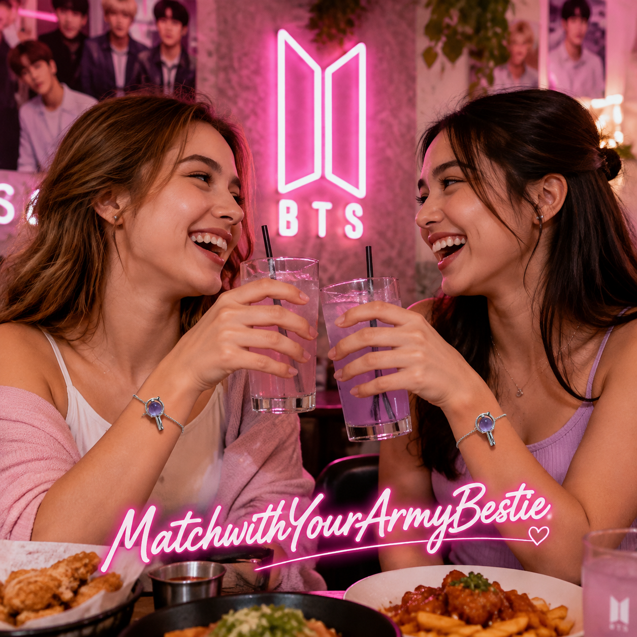 Two friends wearing matching BTS-inspired light stick bracelets