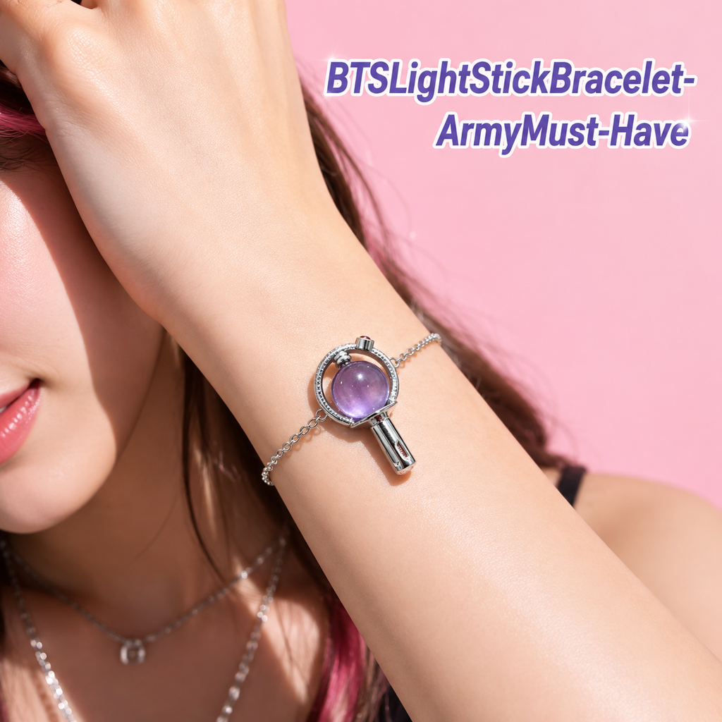 BTS-inspired purple light stick bracelet worn on the wrist
