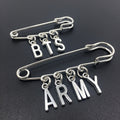 BTS and ARMY silver-tone letter charm safety pin brooch options