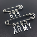 BTS and ARMY silver-tone letter charm safety pin brooch options