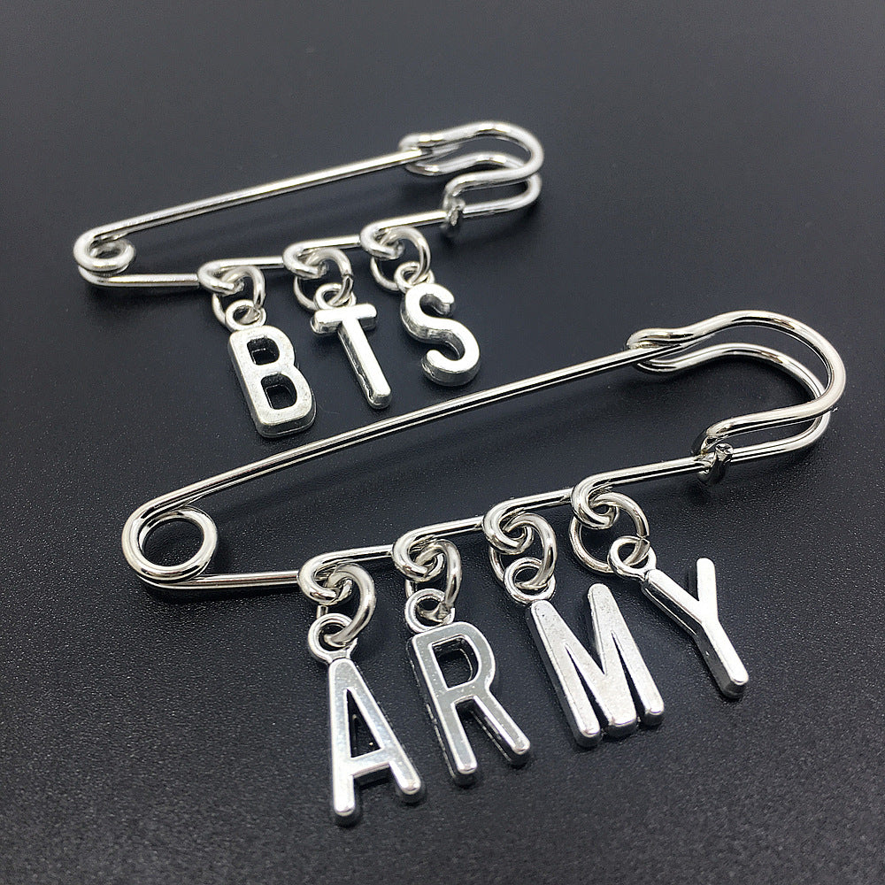 BTS and ARMY silver-tone letter charm safety pin brooch options