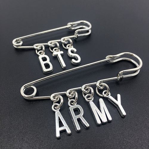 BTS and ARMY silver-tone letter charm safety pin brooch options