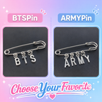 Choose BTS or ARMY letter charm safety pin style
