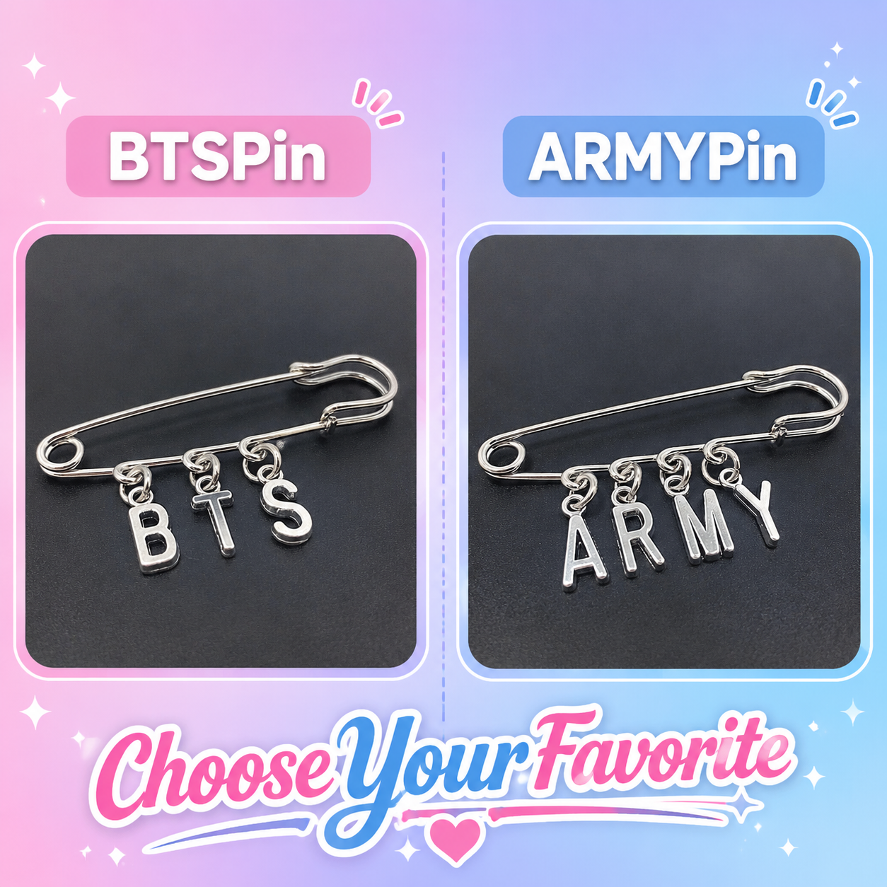 Choose BTS or ARMY letter charm safety pin style