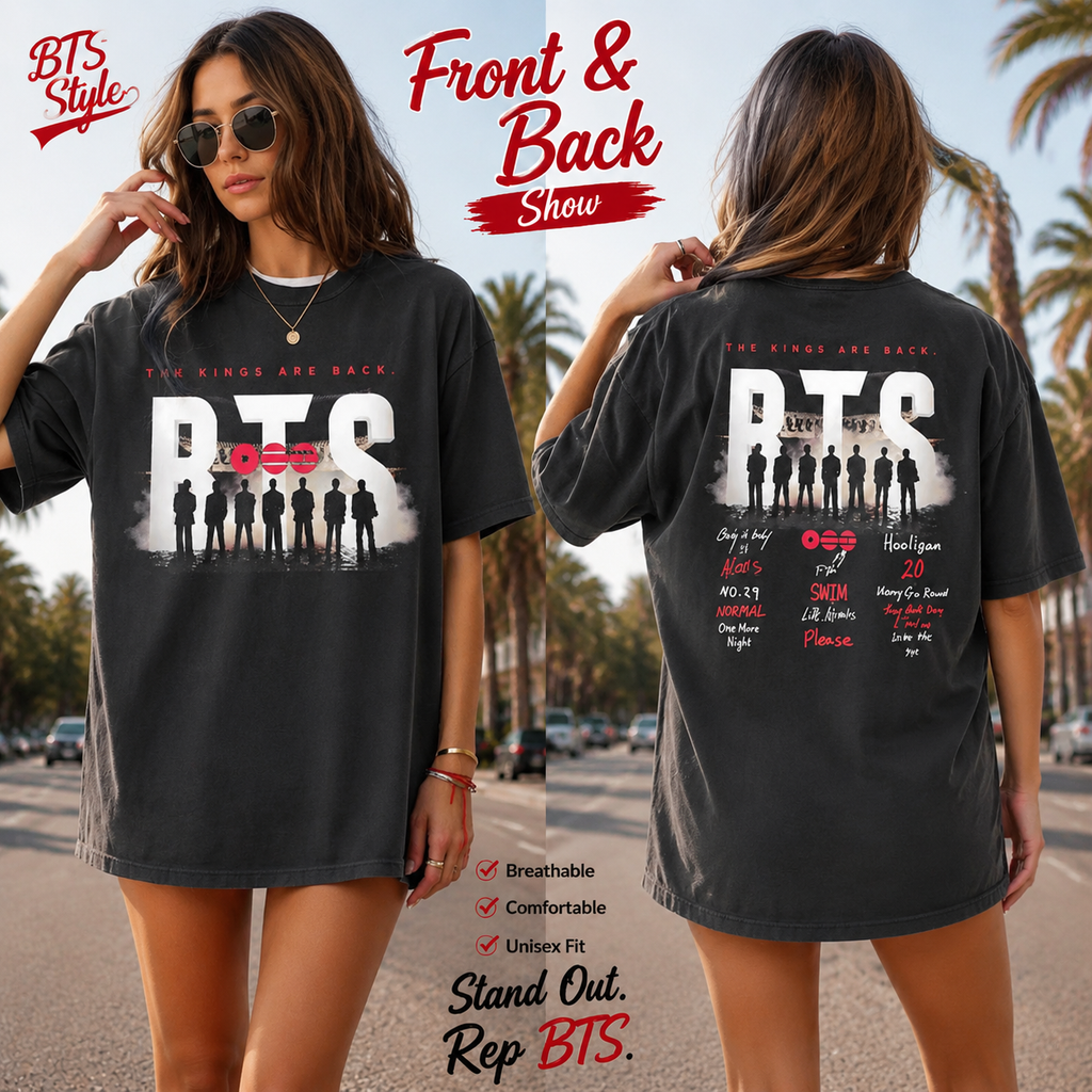 BTS-inspired The Kings Are Back vintage black T-shirt front and back