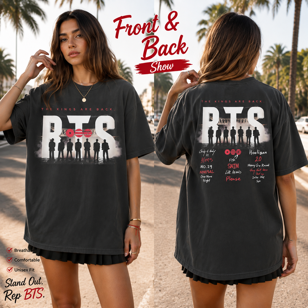 BTS-inspired The Kings Are Back vintage black oversized T-shirt front and back