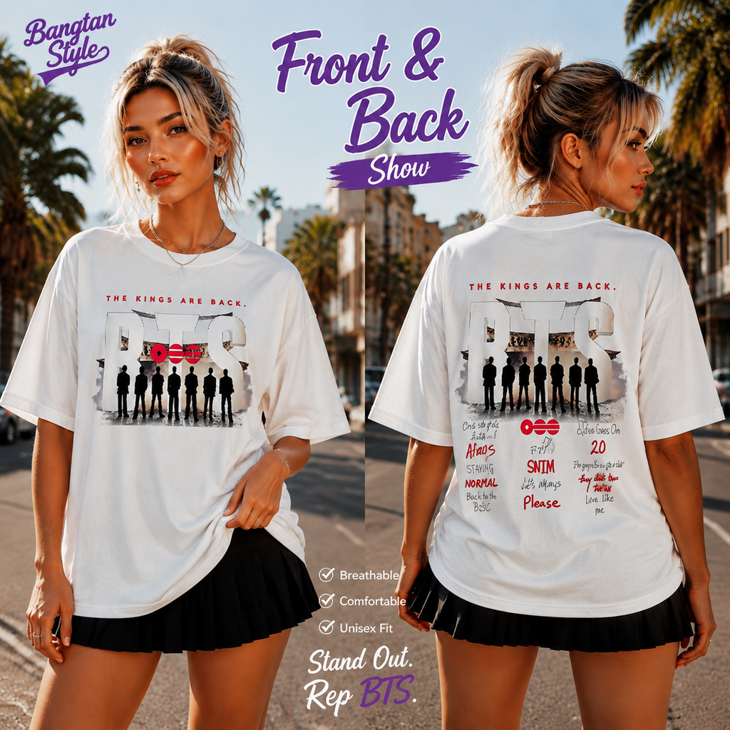 BTS-inspired The Kings Are Back white graphic T-shirt front and back