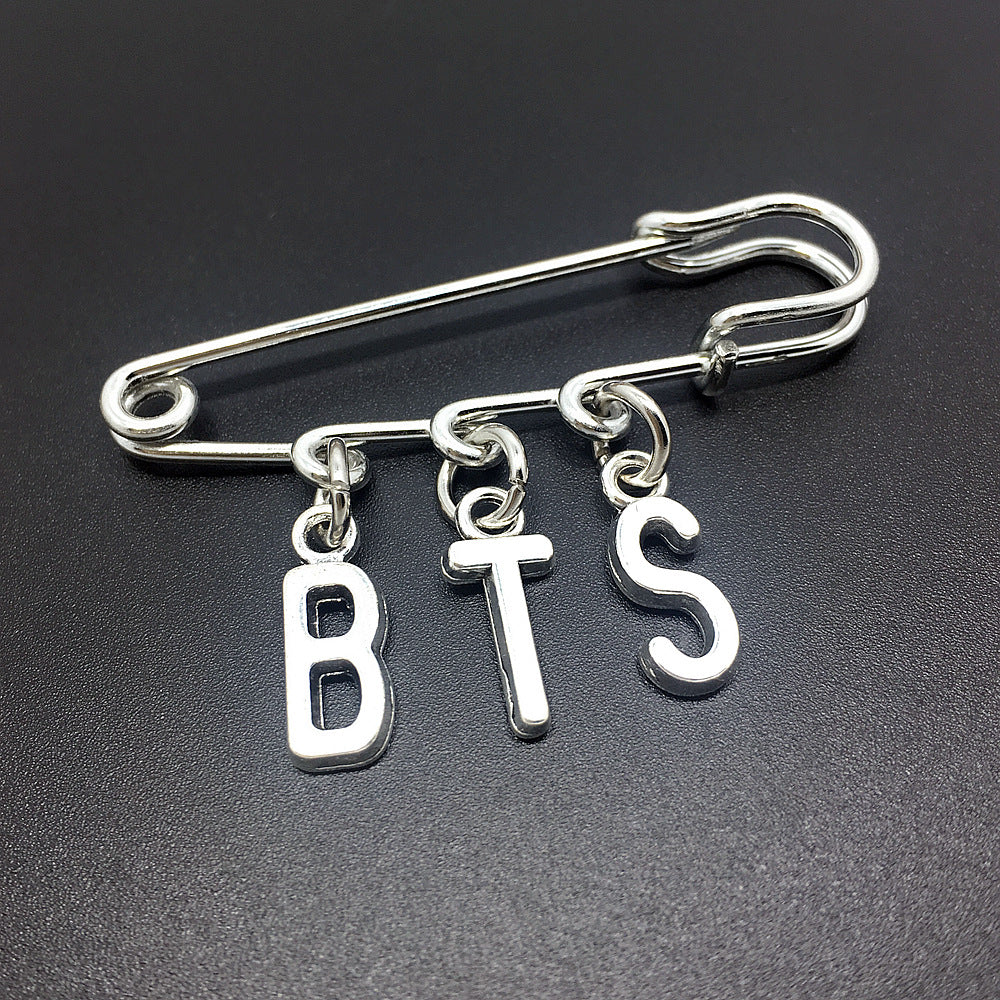 BTS letter charm silver-tone safety pin brooch