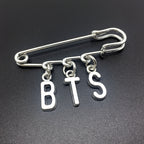 BTS letter charm silver-tone safety pin brooch