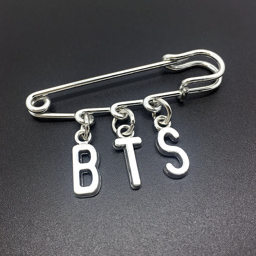 BTS letter charm silver-tone safety pin brooch