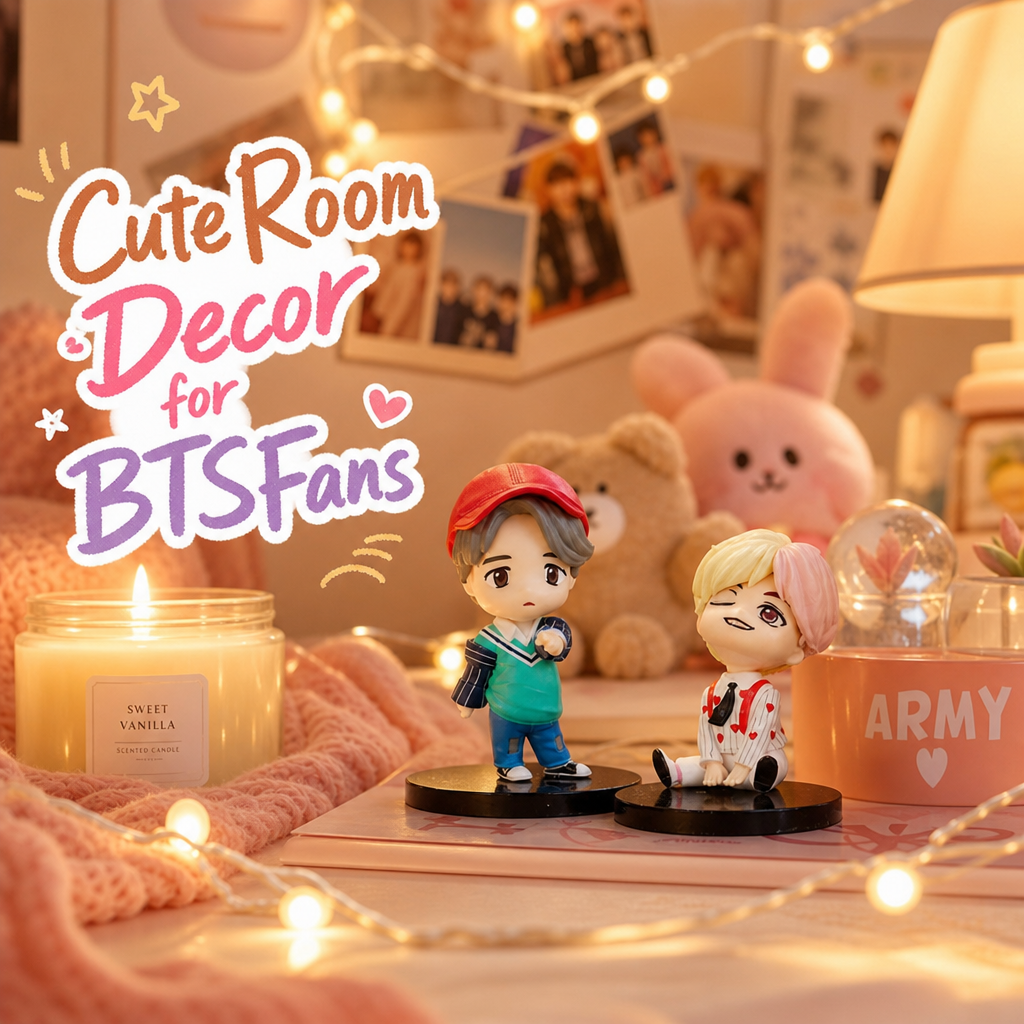 Two figures from the BTS mini figure set used as cute room decor