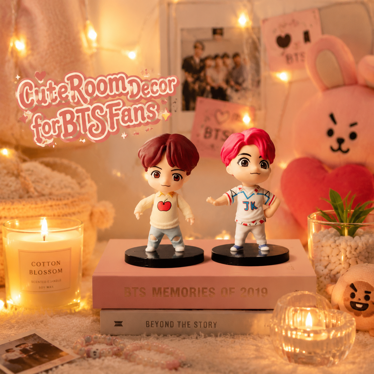 BTS-inspired mini figures styled as warm room decor