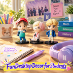 Three figures from the BTS seven-member mini figure set on a study desk