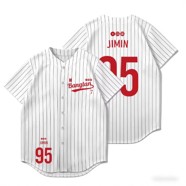 BTS white pinstripe baseball jersey Jimin 95 front and back