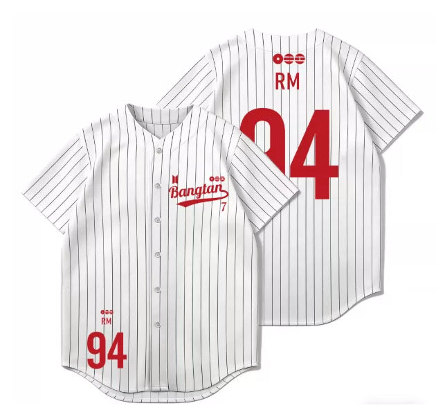 BTS white pinstripe baseball jersey RM 94 front and back