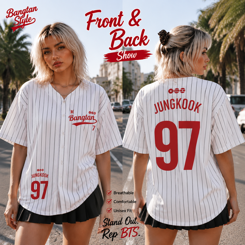 Jungkook 97 BTS white pinstripe baseball jersey front and back lifestyle view