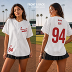 RM 94 BTS white pinstripe baseball jersey front and back lifestyle view