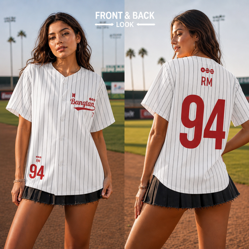 RM 94 BTS white pinstripe baseball jersey front and back lifestyle view