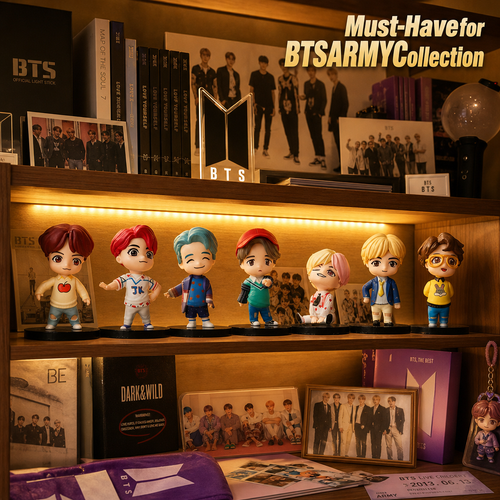 BTS seven members mini figure set displayed on an ARMY collector shelf