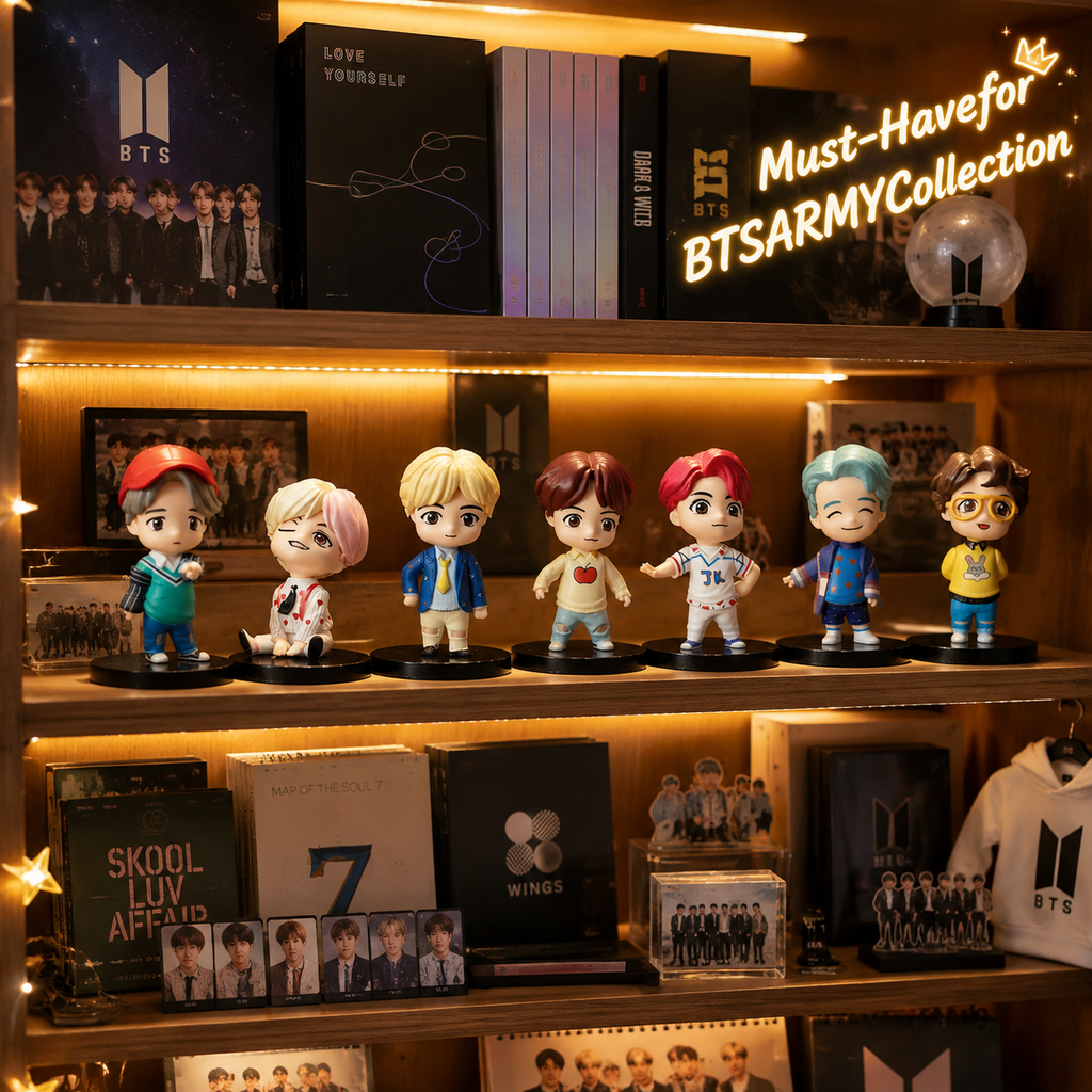 Complete seven-member BTS mini figure set in a warm shelf display