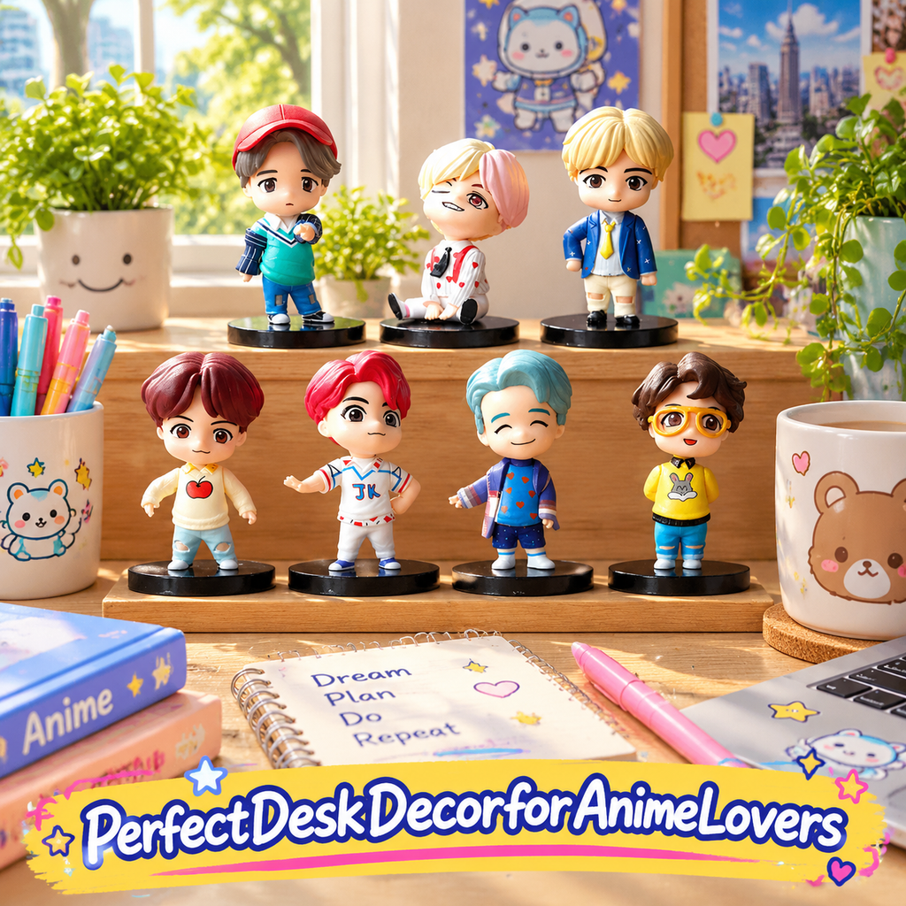 Complete BTS seven members mini figure set displayed on a bright desk