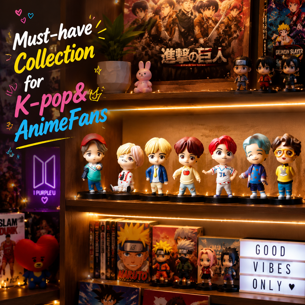 BTS-inspired seven-member mini figure set in a K-pop collection display