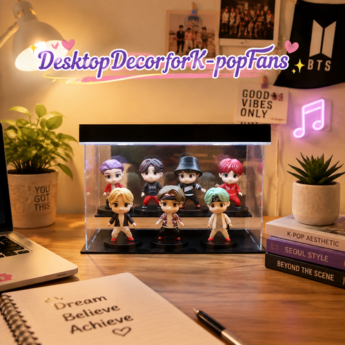 BTS seven members streetwear mini figure set styled on a desk