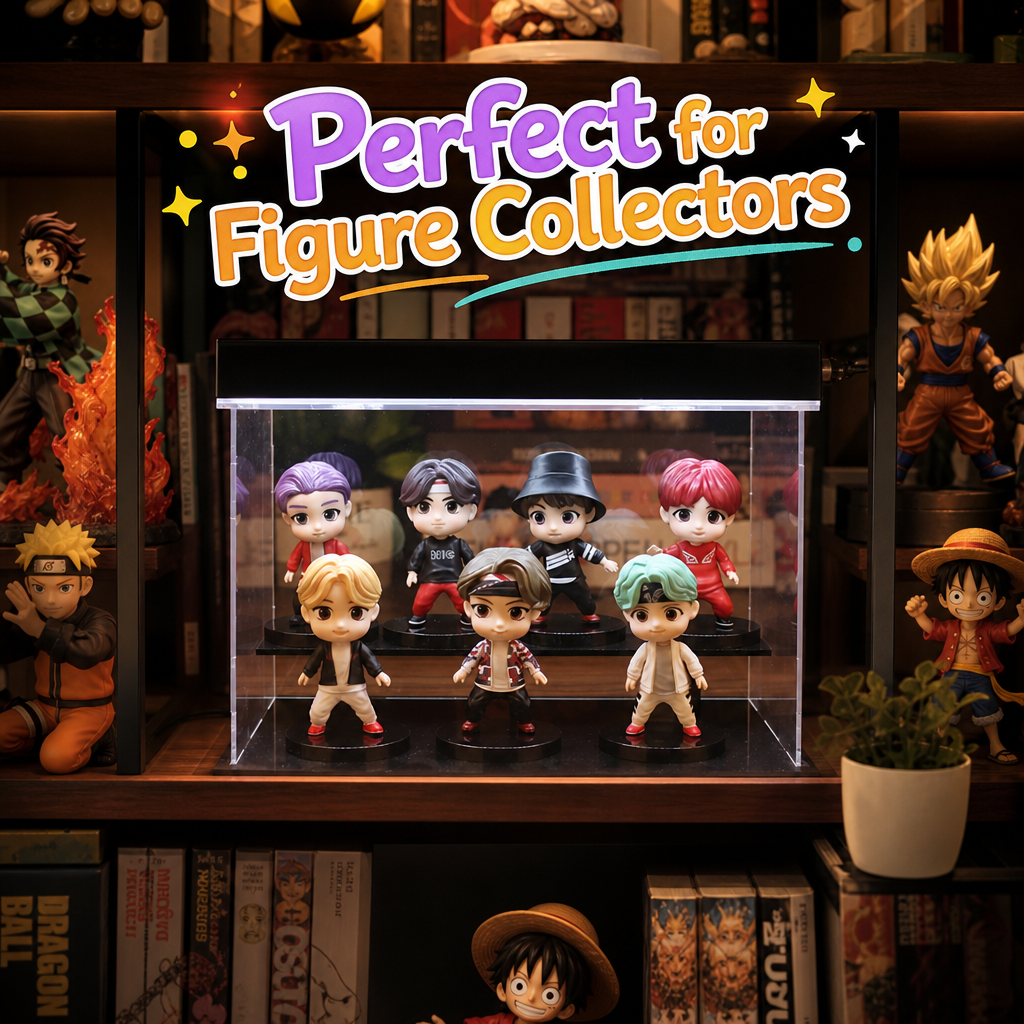 Seven streetwear mini figures styled on a collector shelf