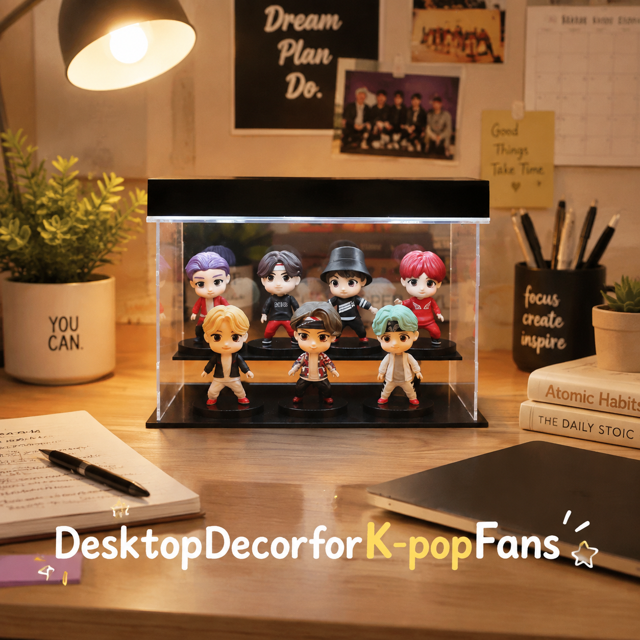 BTS-inspired seven-member streetwear mini figures in a study space