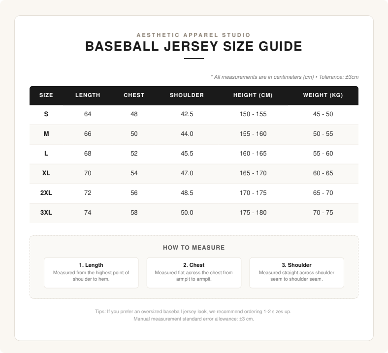 Product size chart in centimeters