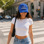 Blue Keep Swimming embroidered baseball cap styled with a casual city outfit