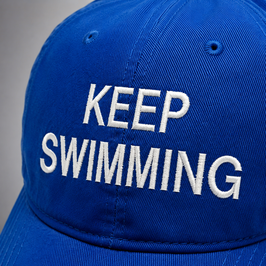 Close-up of white Keep Swimming embroidery on the blue baseball cap