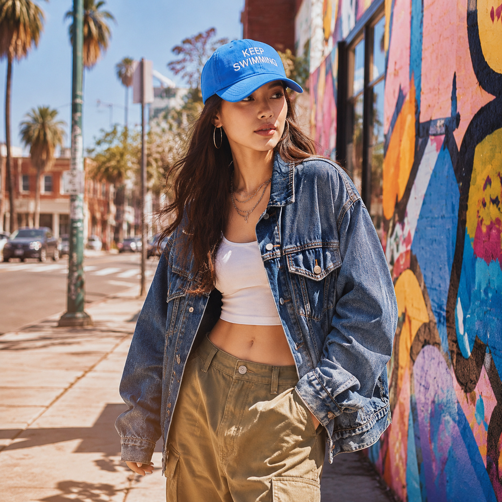 Blue Keep Swimming baseball cap styled with an oversized denim jacket