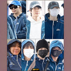 BTS members wearing KEEP SWIMMING inspired blue windbreaker jackets