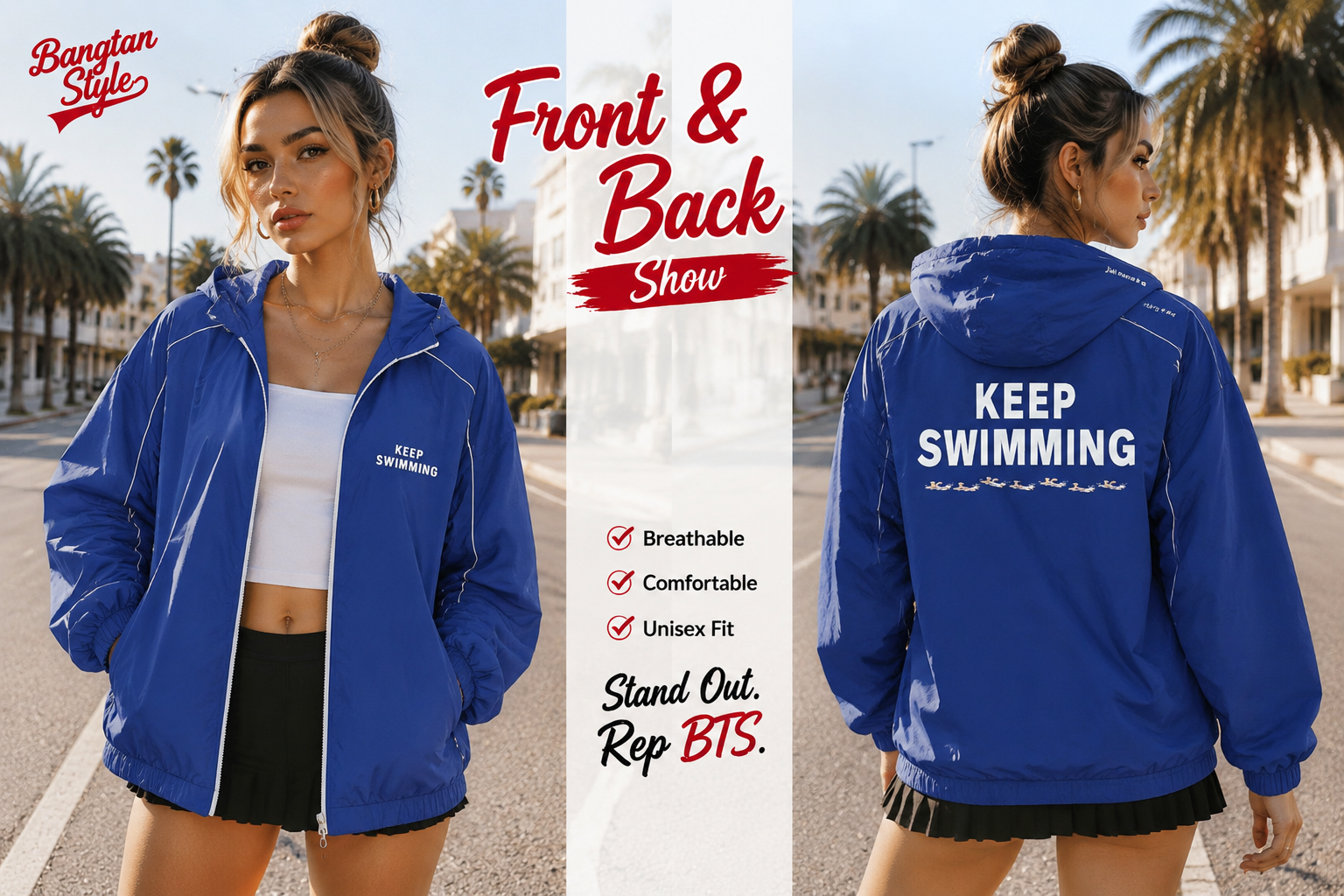 KEEP SWIMMING blue windbreaker jacket lifestyle front and back