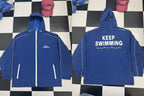 KEEP SWIMMING blue hooded windbreaker jacket product front and back