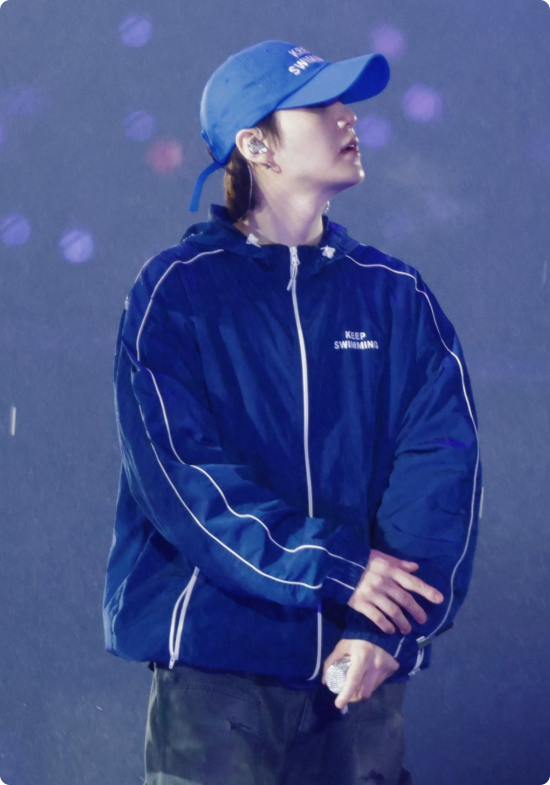BTS-inspired KEEP SWIMMING blue windbreaker jacket worn on stage